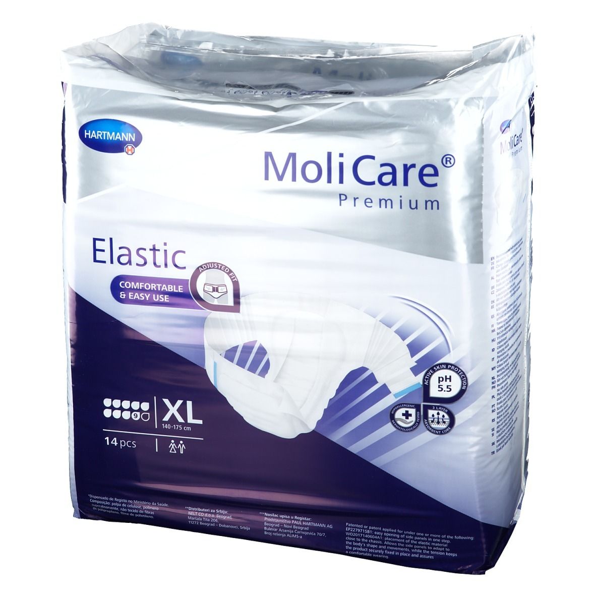 Paquet de MoliCare® Premium Elastic, XL, 14 pièces. Marque Hartmann. Nom et caractéristiques du produit sur l'emballage.