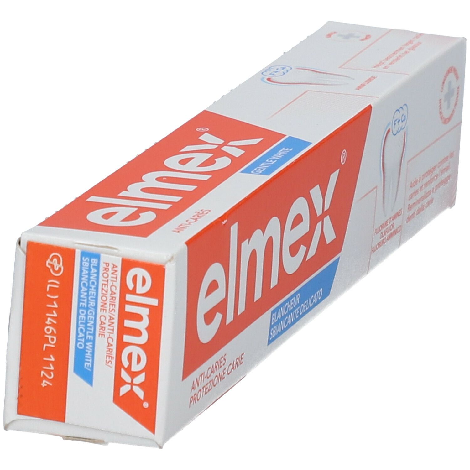 Emballage de dentifrice elmex. Inscription: Anti-caries, Blanchiment. Vue en biais.