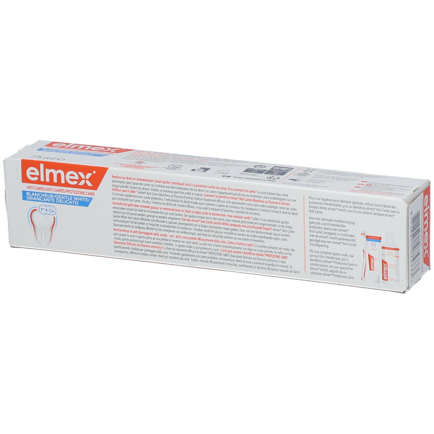 Dos de l'emballage de dentifrice. Texte et illustrations. Marque: elmex.