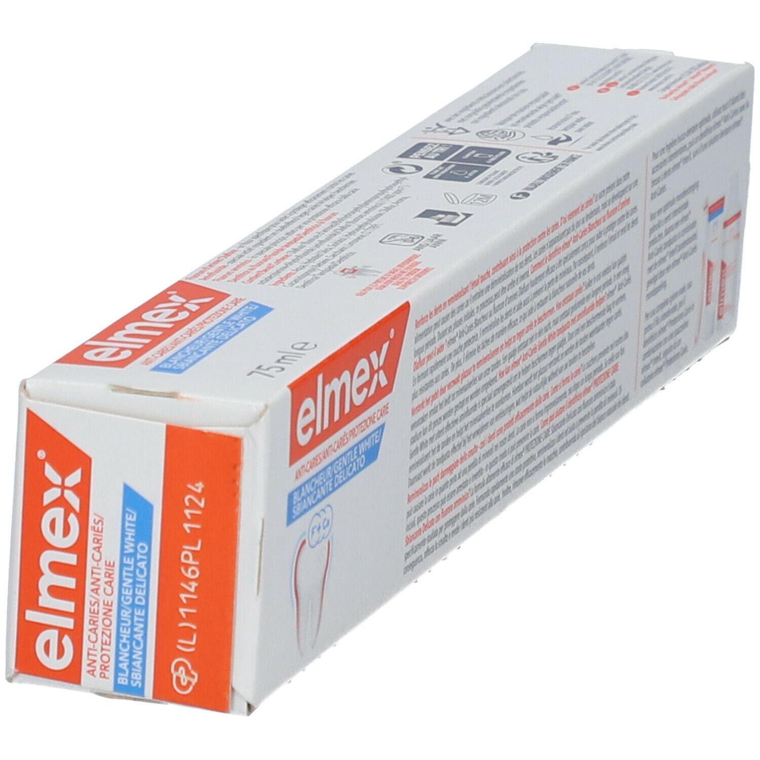Emballage de dentifrice elmex. Inscription: Anti-caries, Blanchiment. Vue en biais.