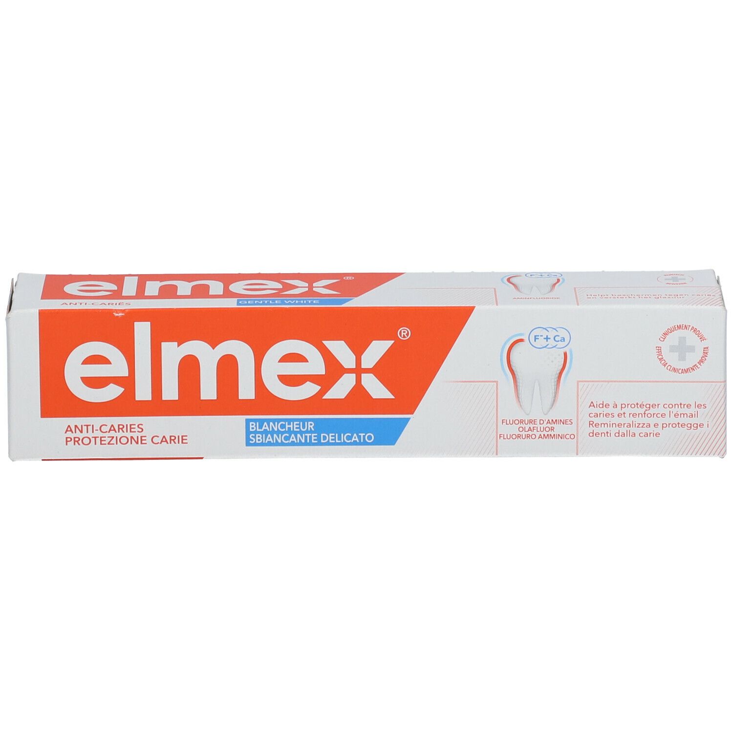 Emballage de dentifrice elmex. Inscription: Anti-caries, Blanchiment. Illustration d'une dent.