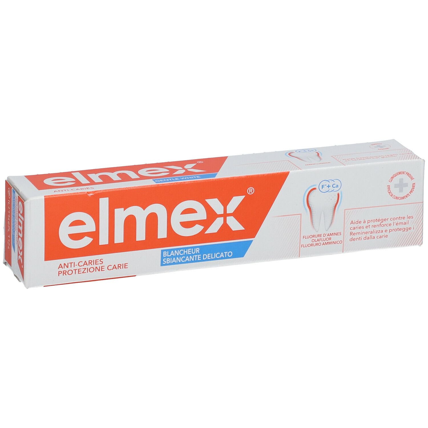 Emballage de dentifrice elmex. Inscription: Anti-caries, Blanchiment. Illustration d'une dent.