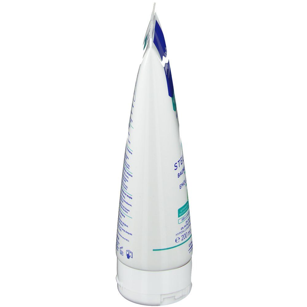 Vue latérale d'un tube blanc. Inscriptions partiellement visibles. Bouchon et fermeture blancs. Texte en plusieurs langues.