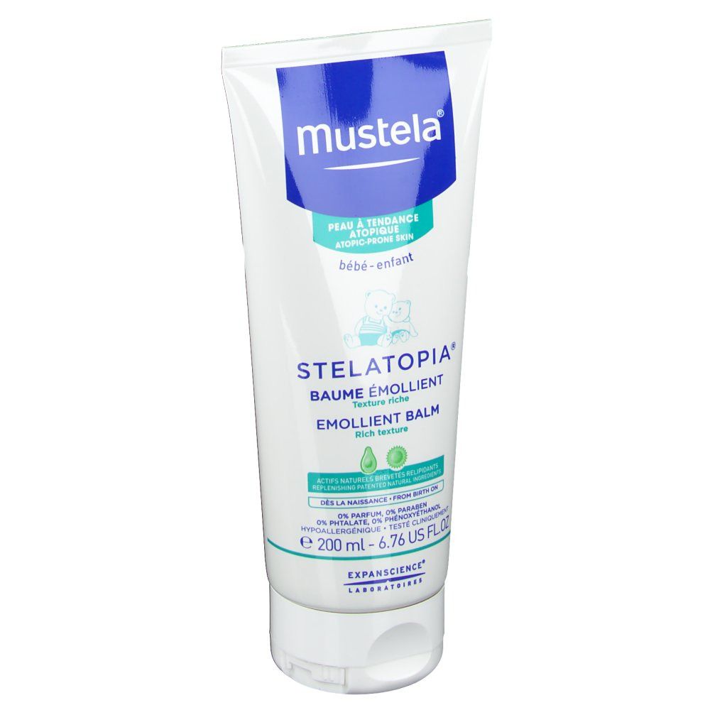 Tube blanc Mustela STELATOPIA, Baume Emollient. Inscriptions en français et anglais. Contenance 200 ml. Pour peau atopique.