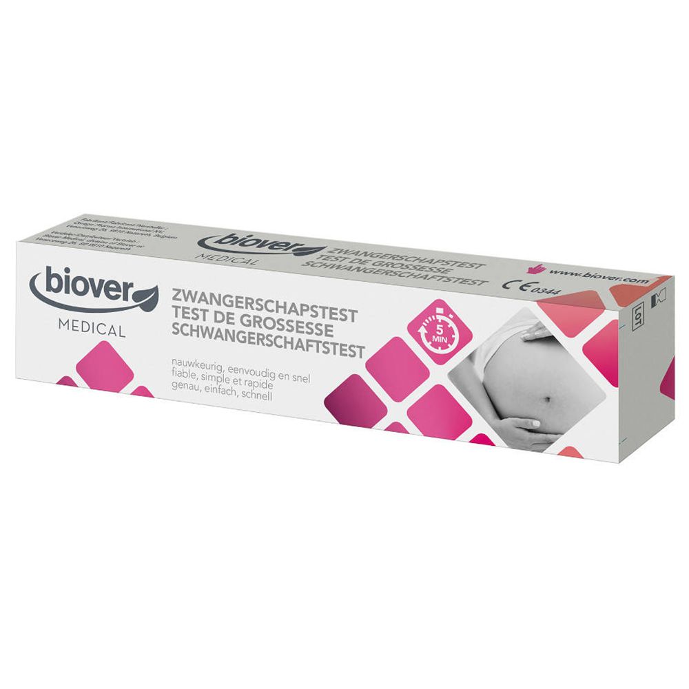 Boîte Biover MEDICAL Test de grossesse. Blanc, rose et gris. Texte: TEST DE GROSSESSE, ZWANGERSCHAFTSTEST.