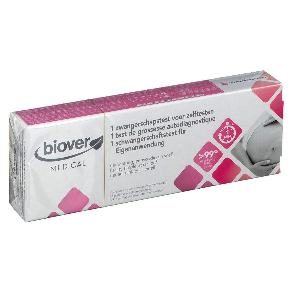 Boîte Biover MEDICAL Test de grossesse. Blanc, rose et gris. Texte: 1 test, >99% de précision, 1 minute.