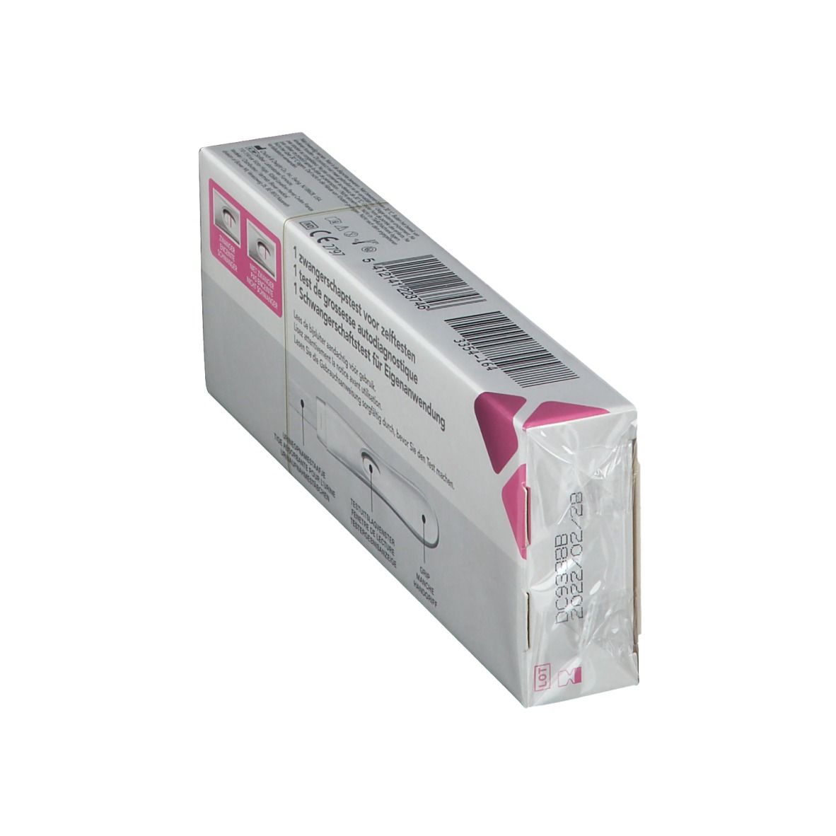 Boîte Biover MEDICAL Test de grossesse. Blanc, rose et gris. Texte: 1 test, >99% de précision, 1 minute.