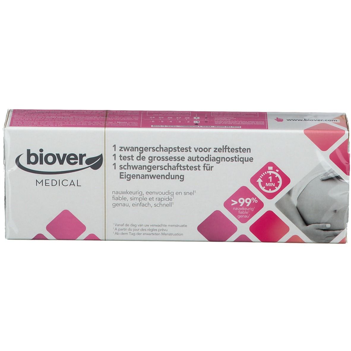 Boîte Biover MEDICAL Test de grossesse. Blanc, rose et gris. Texte: 1 test, >99% de précision, 1 minute.