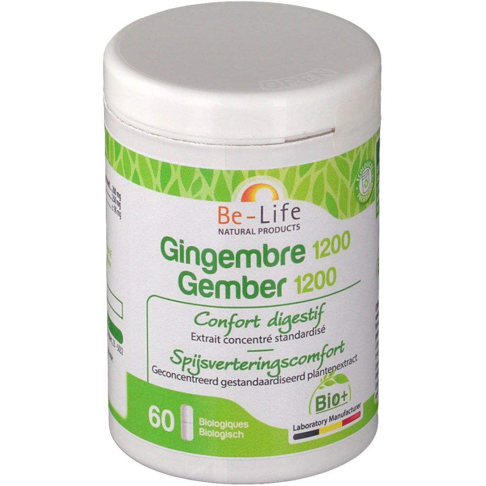 Pot blanc Be-Life avec étiquette verte. Inscription : Gingembre 1200, Gember 1200, Confort digestif. Contient 60 gélules.