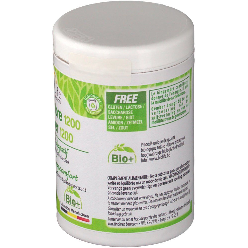 Vue arrière du pot blanc Be-Life. Étiquette verte avec texte et logo Bio+. Contient des informations sur les ingrédients et la valeur nutritionnelle.