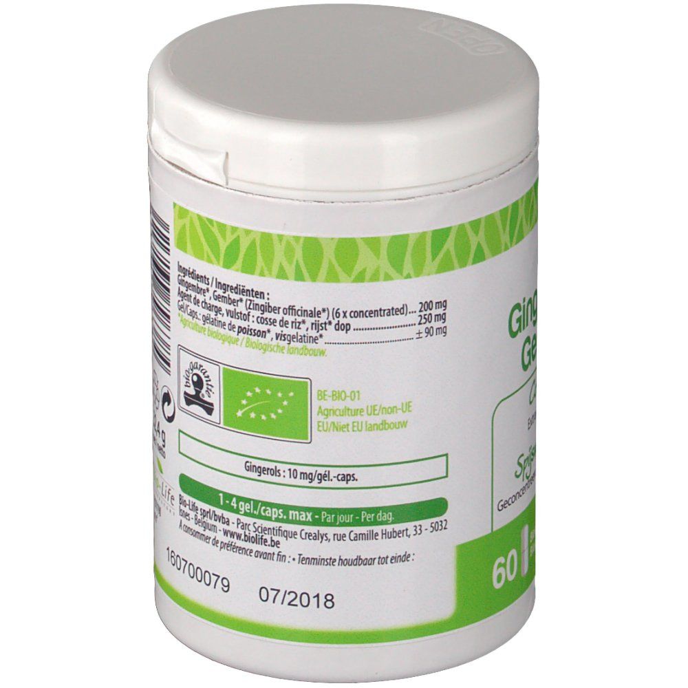 Vue latérale du pot blanc Be-Life. Étiquette verte avec ingrédients et certification bio. Contient 60 gélules.