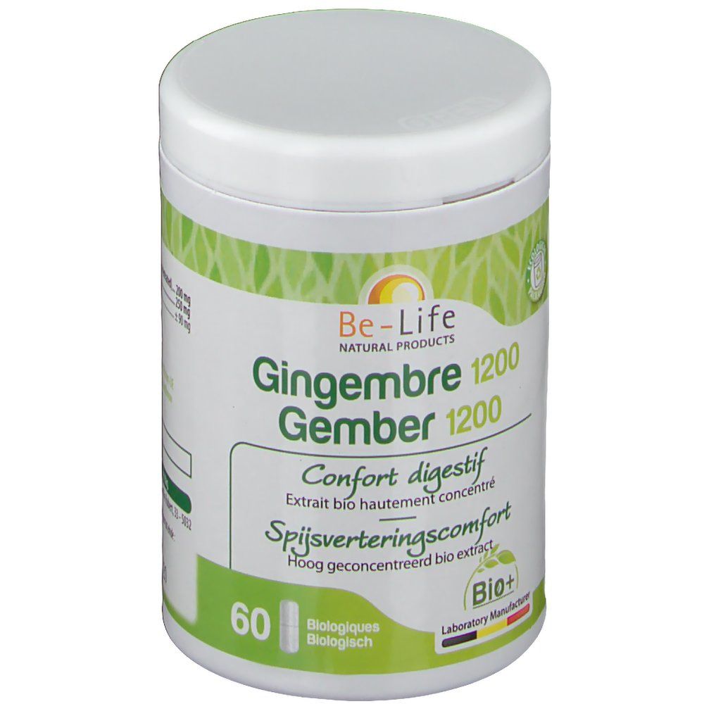 Pot blanc Be-Life avec étiquette verte. Inscription : Gingembre 1200, Gember 1200, Confort digestif. Contient 60 gélules.