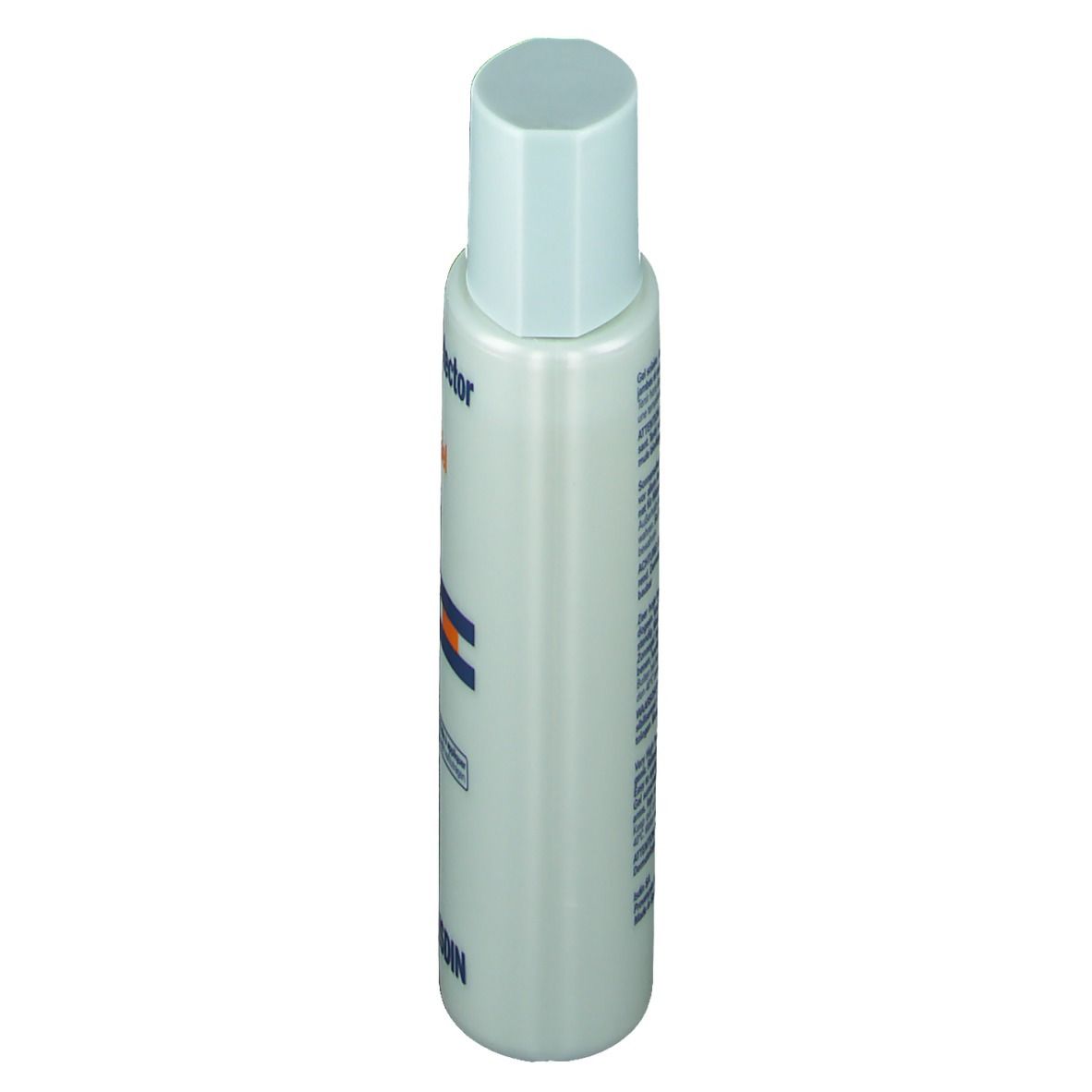 Flacon de crème solaire, vue latérale. Flacon bleu et blanc avec bouchon bleu. Logo ISDIN.