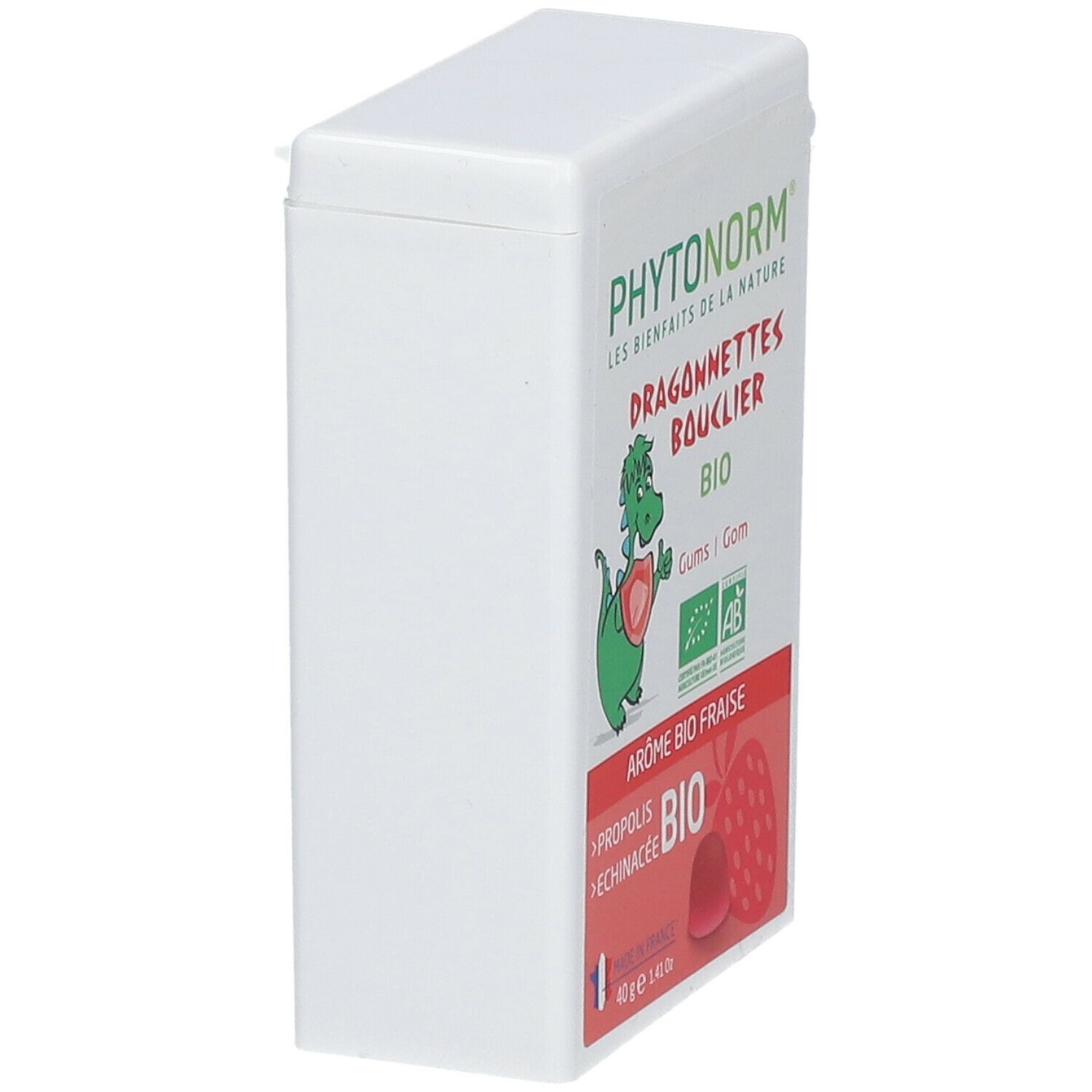 Boîte blanche vue en biais. Texte PHYTONORM, Dragonnettes Bouclier, BIO. Illustration d'un dragon et d'une fraise. Ingrédients : propolis, échinacée.