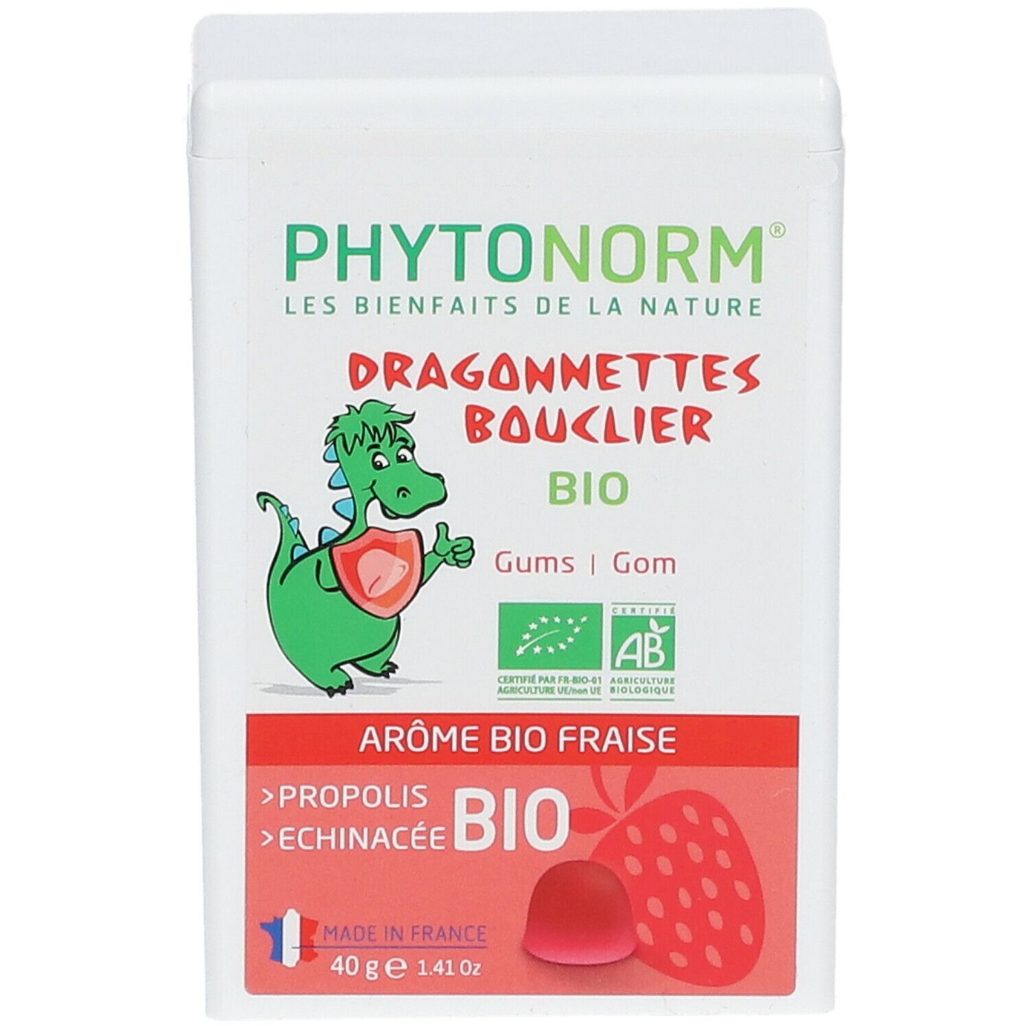 Boîte blanche avec texte PHYTONORM, Dragonnettes Bouclier, BIO. Illustration d'un dragon et d'une fraise. Ingrédients : propolis, échinacée.
