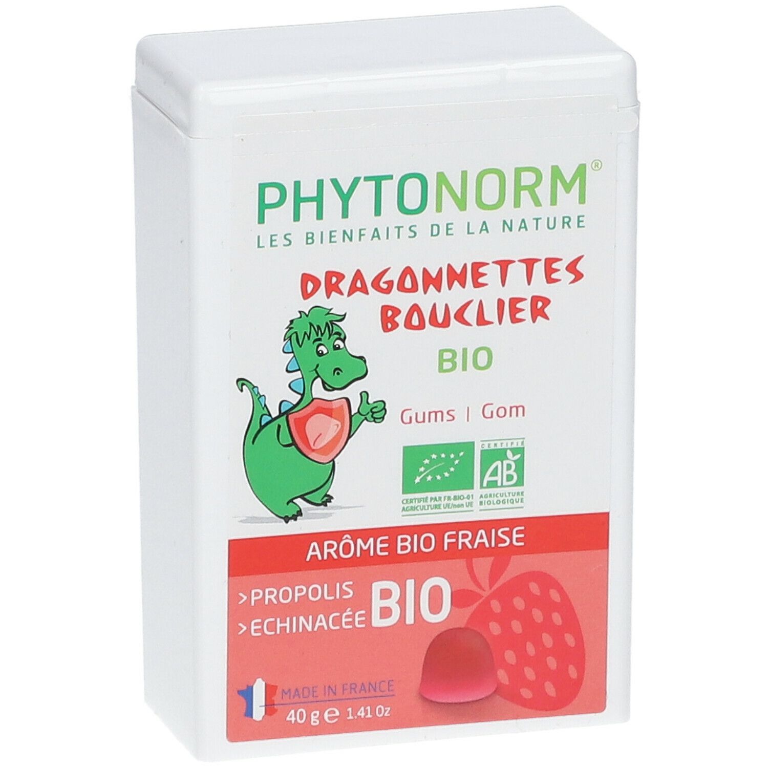 Boîte blanche avec texte PHYTONORM, Dragonnettes Bouclier, BIO. Illustration d'un dragon et d'une fraise. Ingrédients : propolis, échinacée.