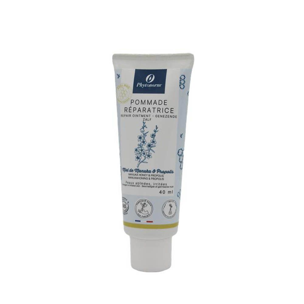 Tube Phytosun Aroms Pommade Réparatrice. Miel, Propolis. 40ml. Label Bio. Texte: Peaux abîmées, irritées.