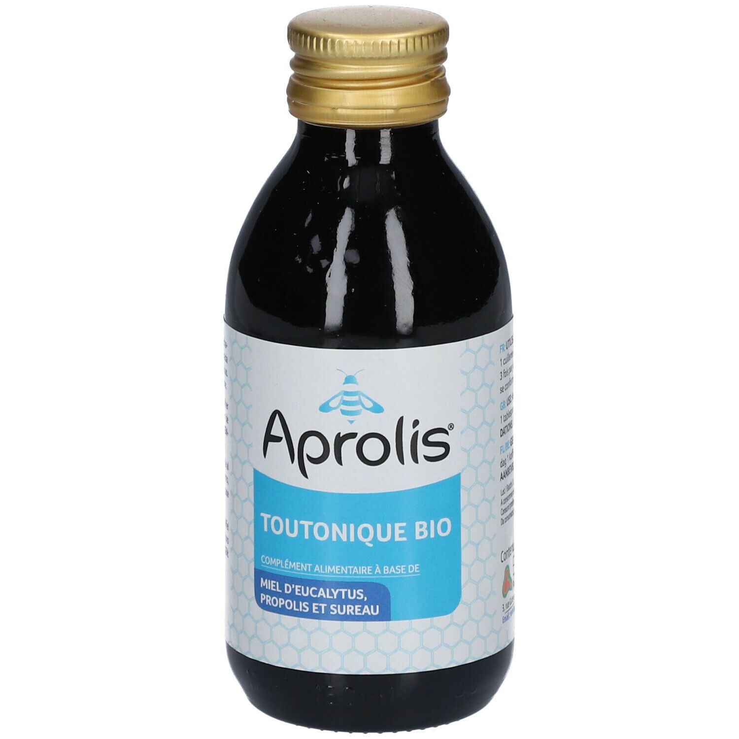 Flacon en verre brun, bouchon doré. Étiquette "Aprolis TOUTONIQUE BIO".
