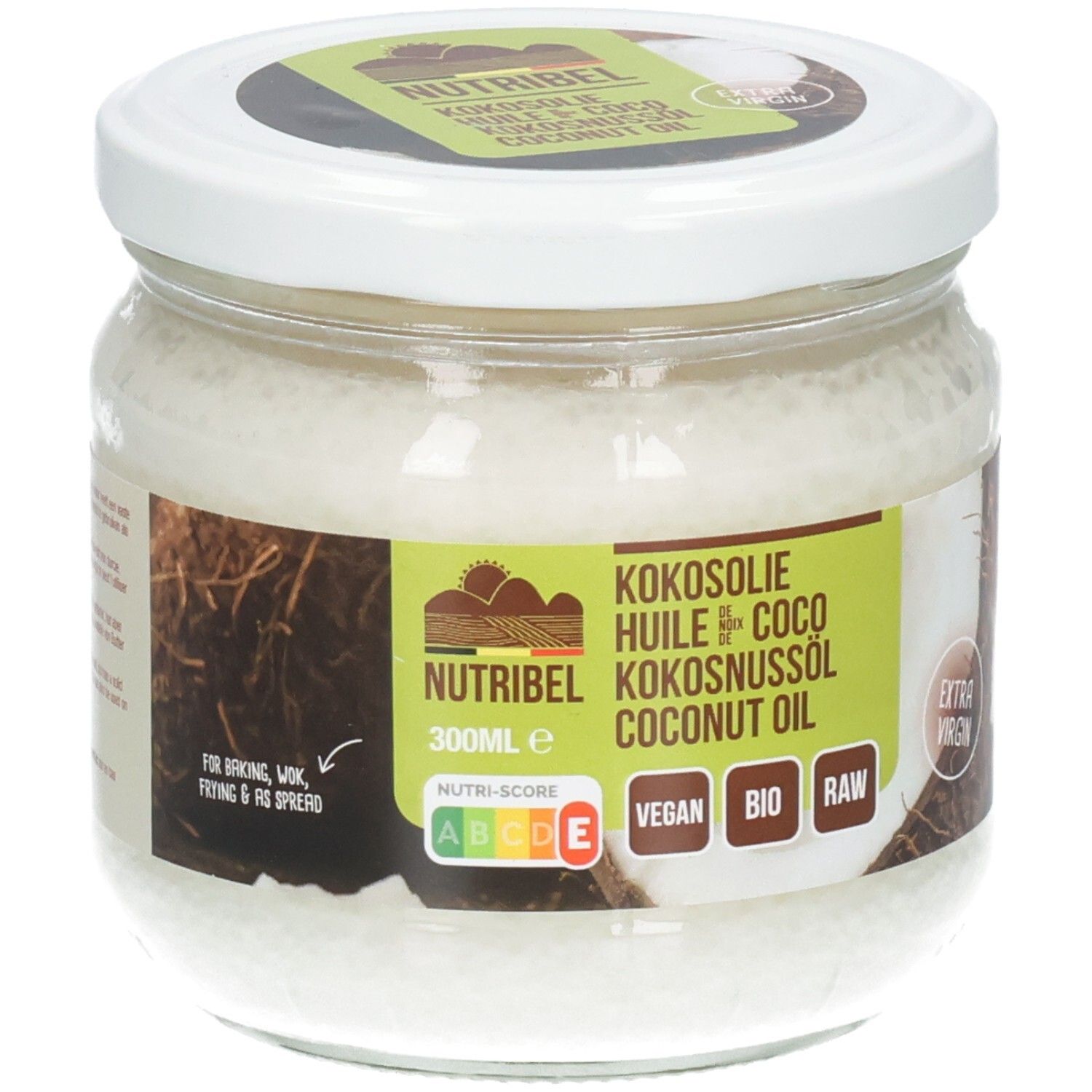 Pot de verre d'huile de coco. Couvercle blanc, étiquette avec nom du produit et logos. Vegan, Bio, Raw.