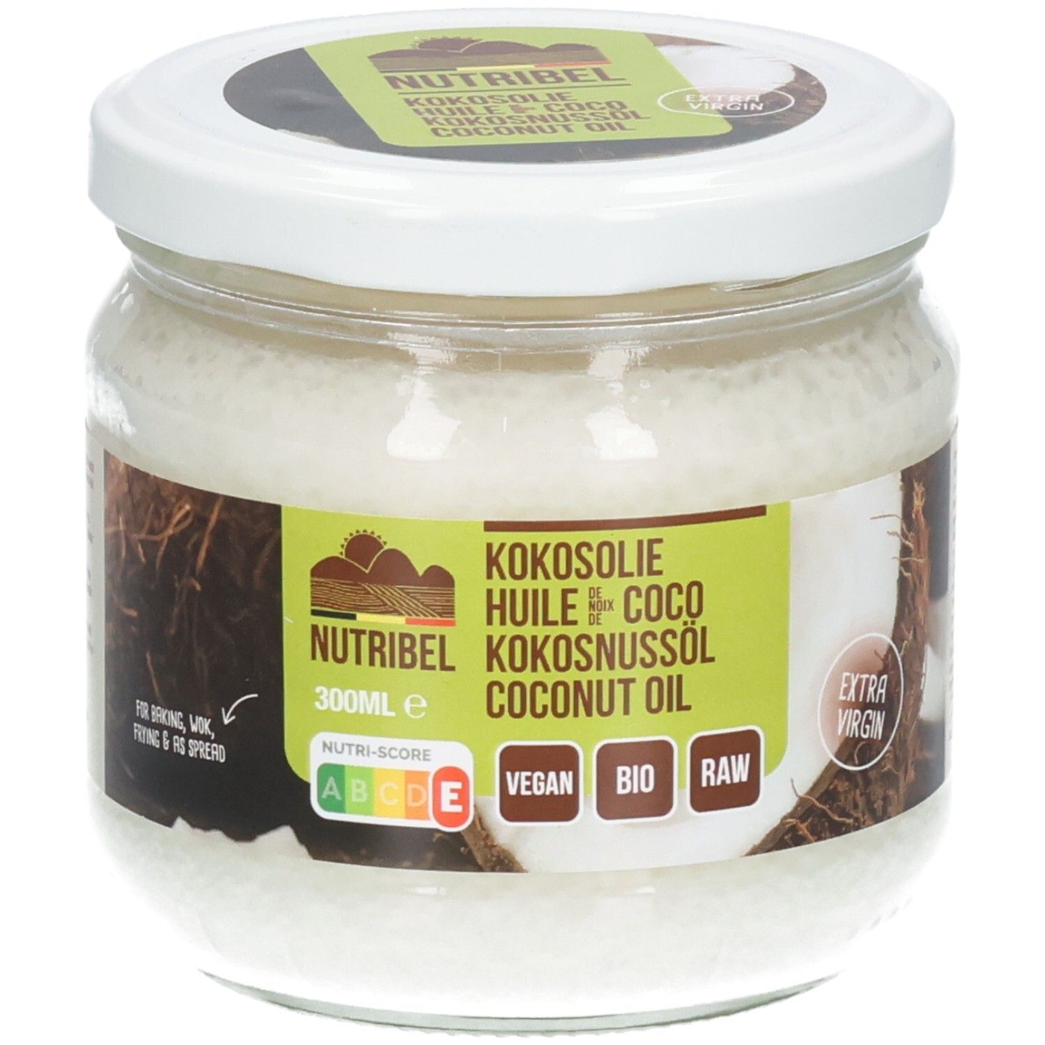 Pot de verre d'huile de coco. Couvercle blanc, étiquette avec nom du produit et logos. Vegan, Bio, Raw.