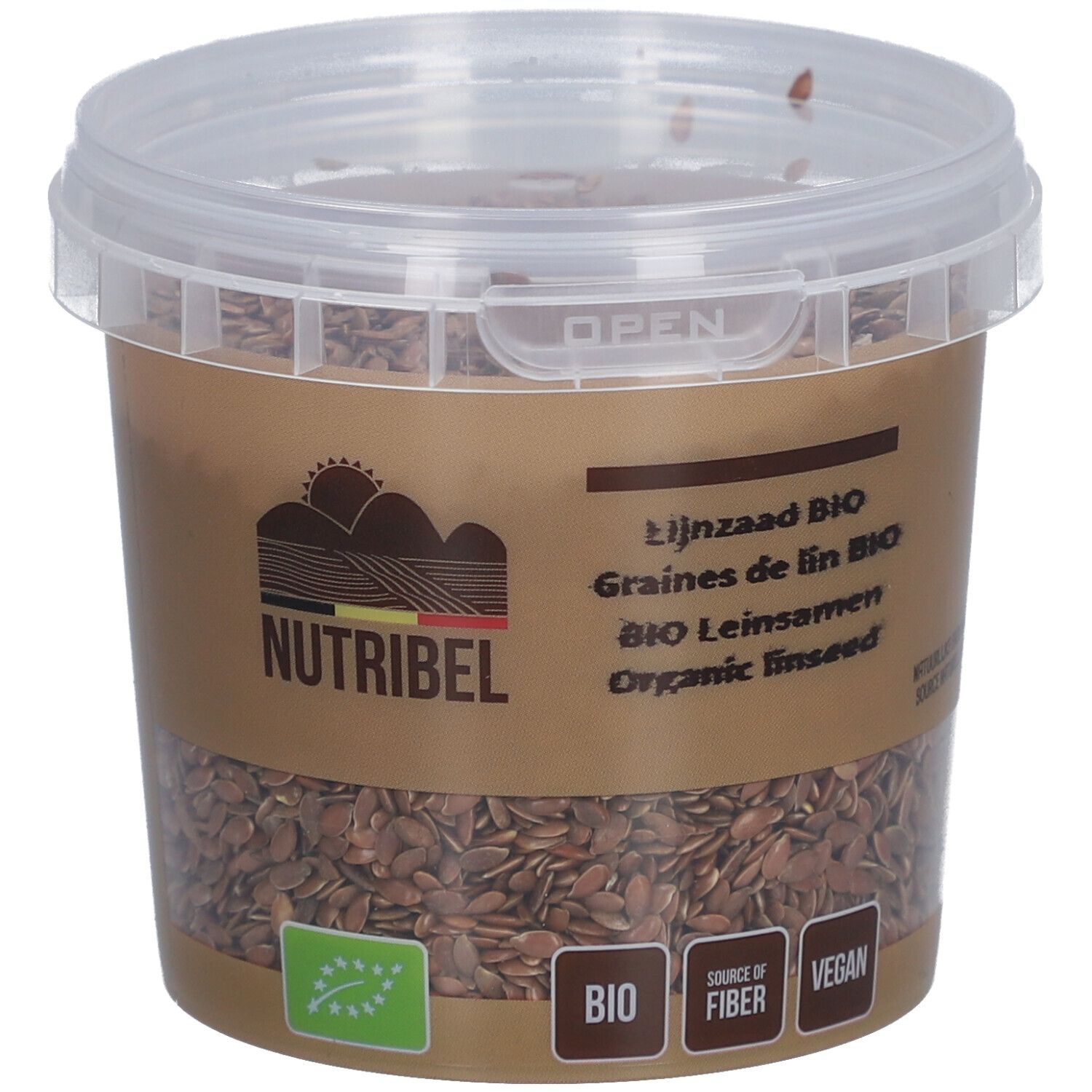 Pot de graines de lin BIO Nutribel. Couvercle transparent, emballage marron. BIO, source de fibres, vegan.