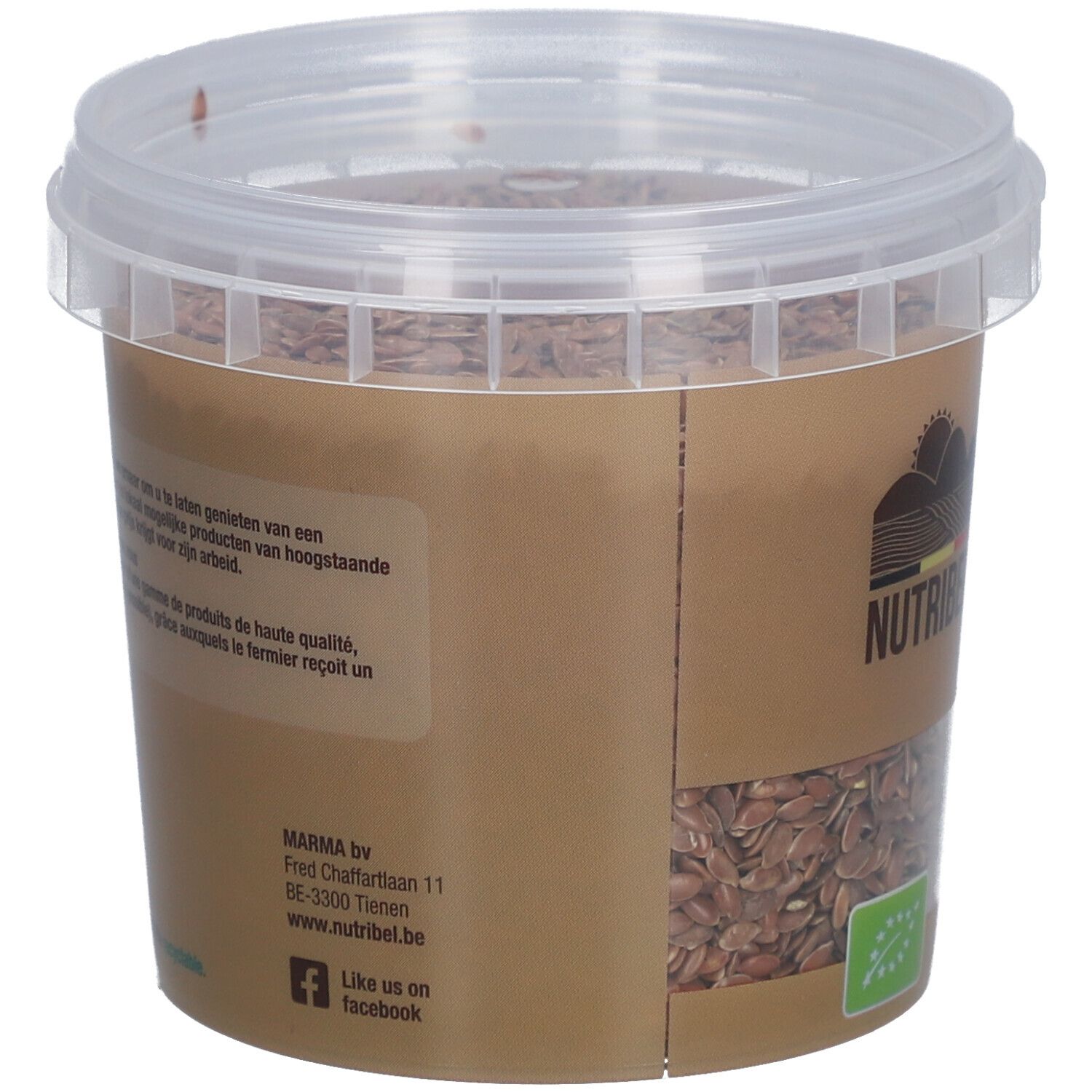 Emballage marron avec logo et texte Nutribel. Arrière du pot avec texte. Label bio et logo Facebook.