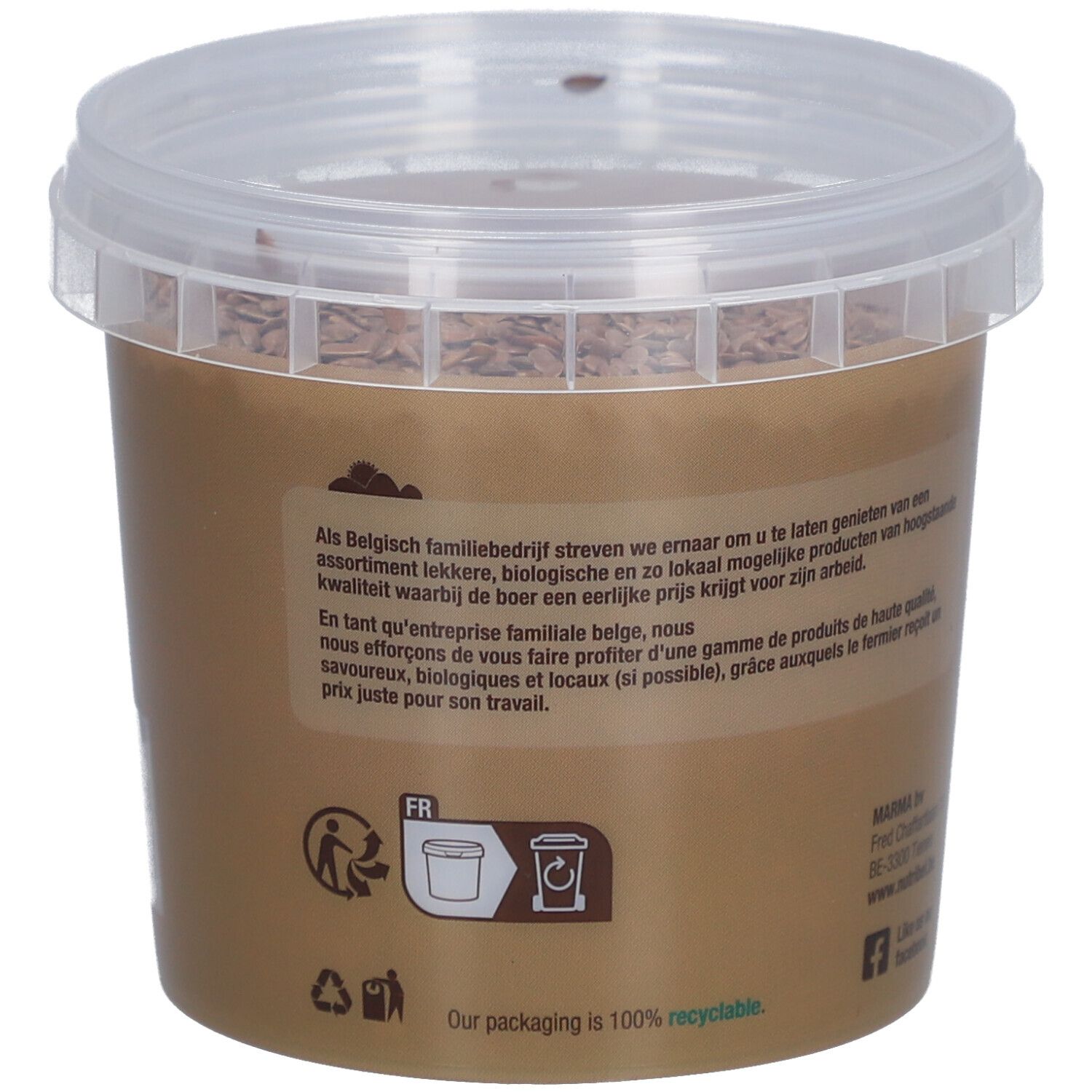 Arrière du pot avec texte. Symbole de recyclage. L'emballage est 100% recyclable.
