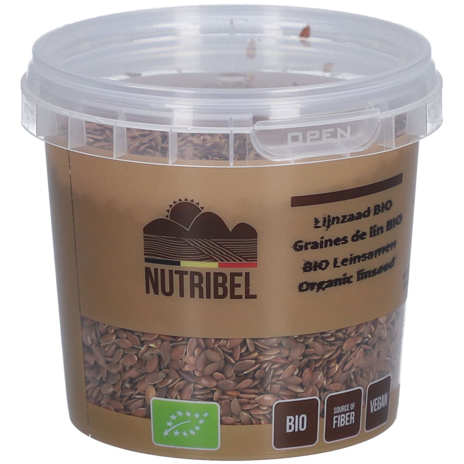 Pot de graines de lin BIO Nutribel. Couvercle transparent, emballage marron. BIO, source de fibres, vegan.
