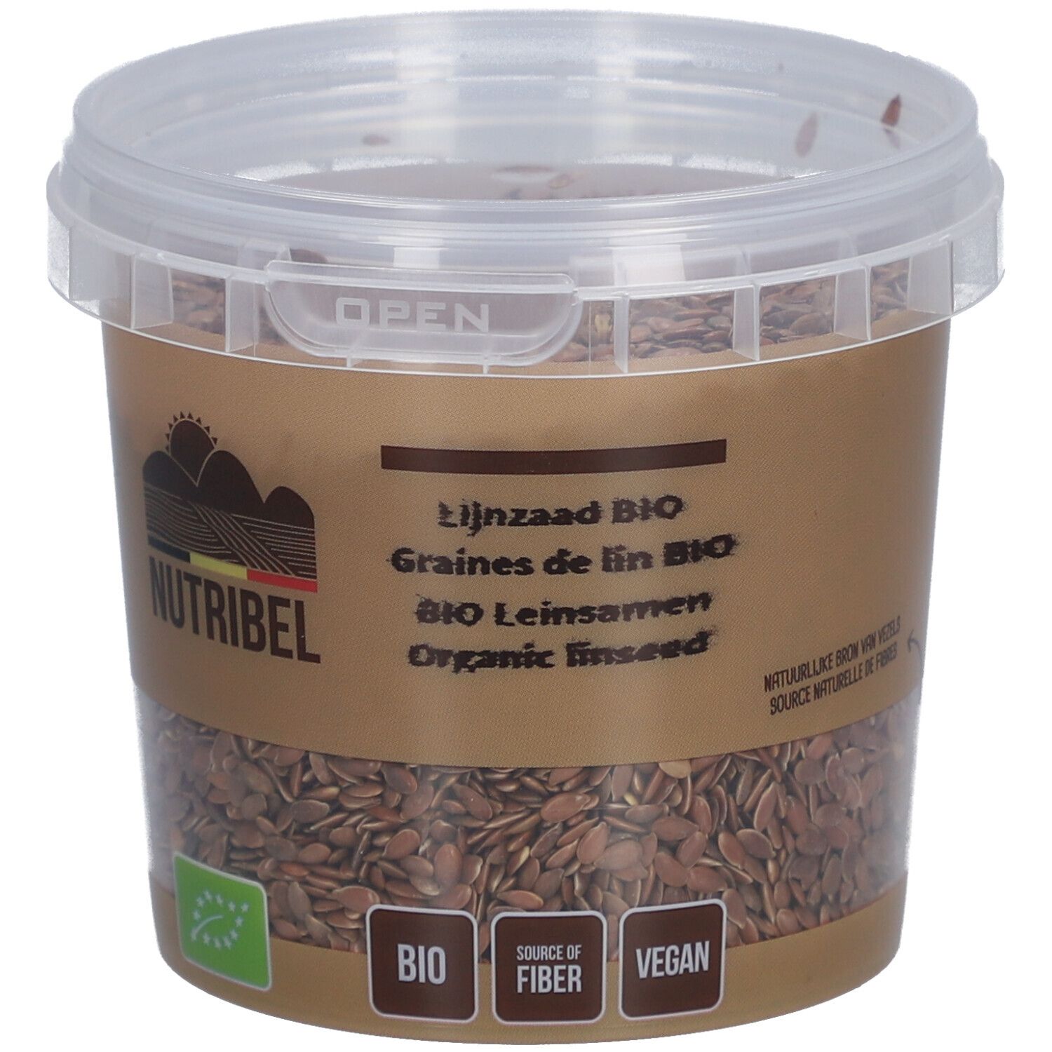 Pot de graines de lin BIO Nutribel. Couvercle transparent, emballage marron. BIO, source de fibres, vegan.