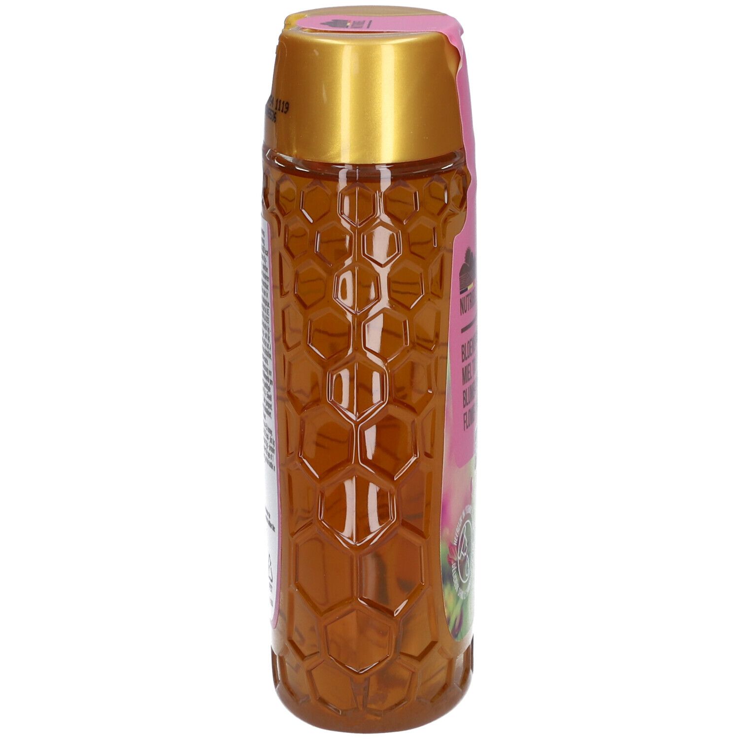 Flacon de miel cylindrique avec motif en nid d'abeilles. Étiquette rose et bouchon doré. Informations sur le produit.