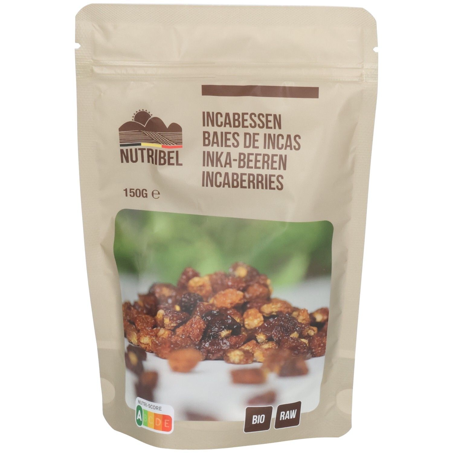 Sachet de baies de Inca. Fenêtre transparente avec produit visible. Inscription: Nutribel, 150g, Bio, Raw.