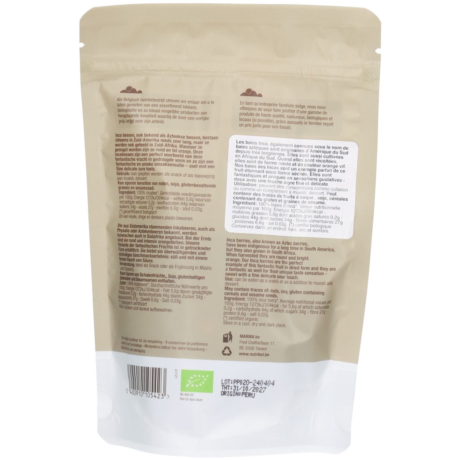 Dos du sachet. Texte en plusieurs langues. Label bio et numéro de lot.