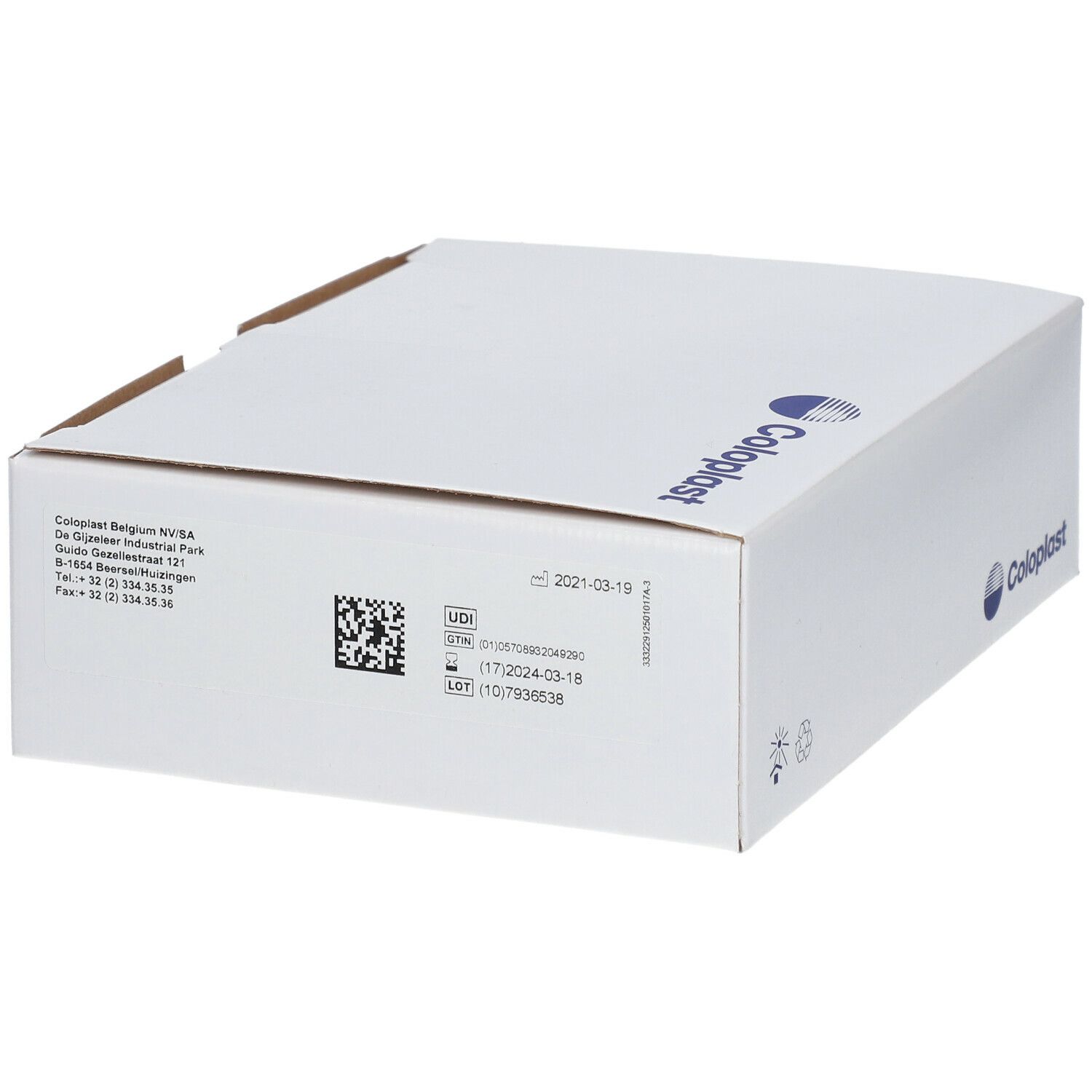Emballage en carton blanc avec informations d'adresse et code-barres. Logo Coloplast à droite.
