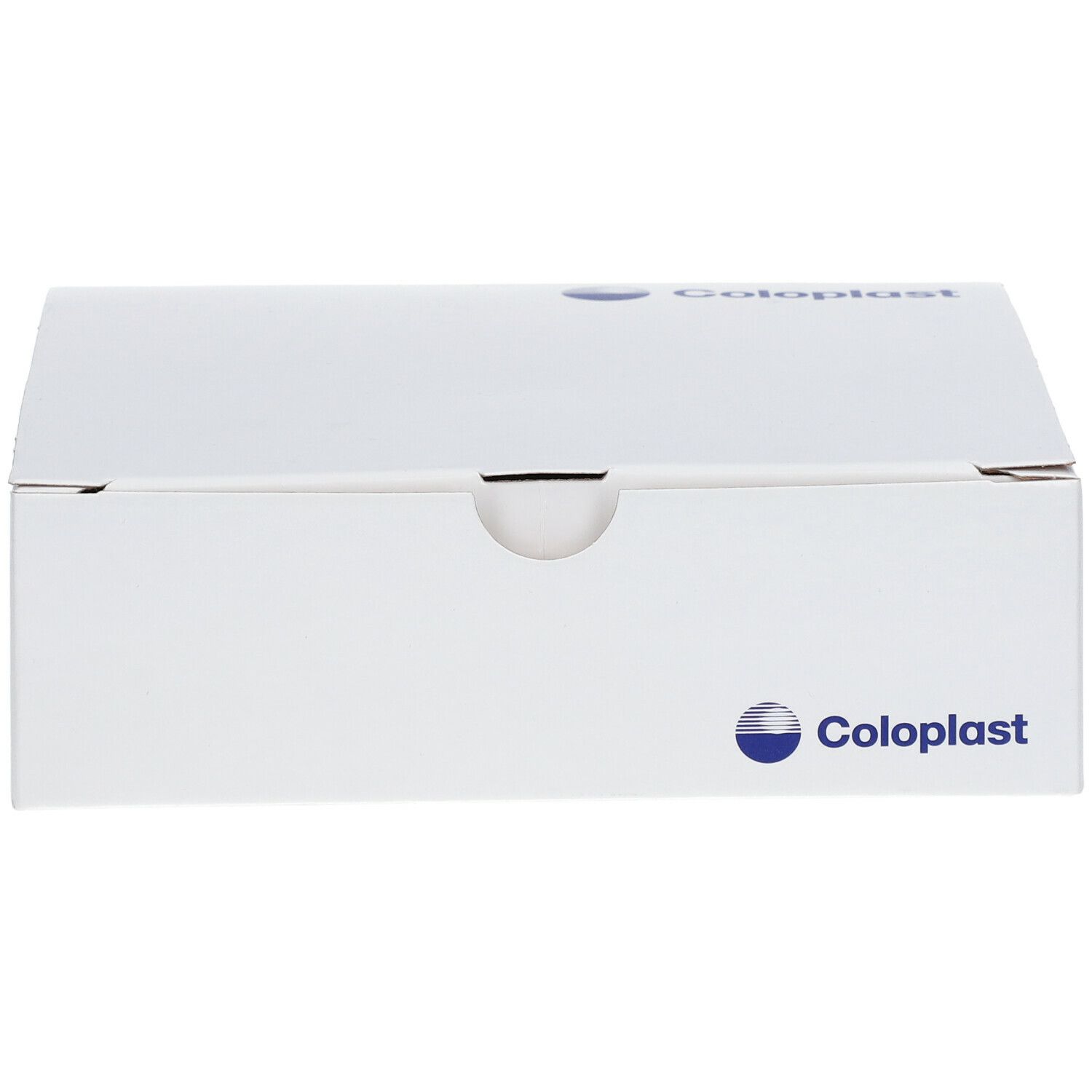 Emballage en carton blanc avec logo Coloplast. L'emballage est fermé.