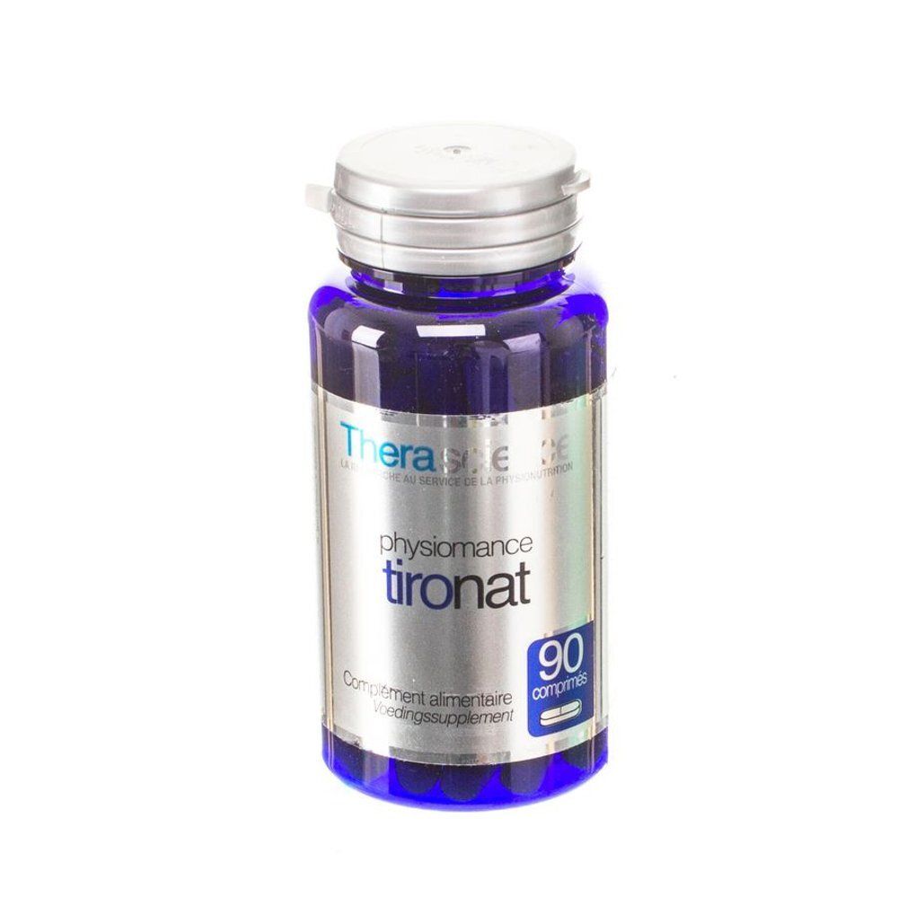 Flacon bleu avec bouchon argenté. Inscription: Physiomance Tironat, 90 comprimés. Marque: Therascience.