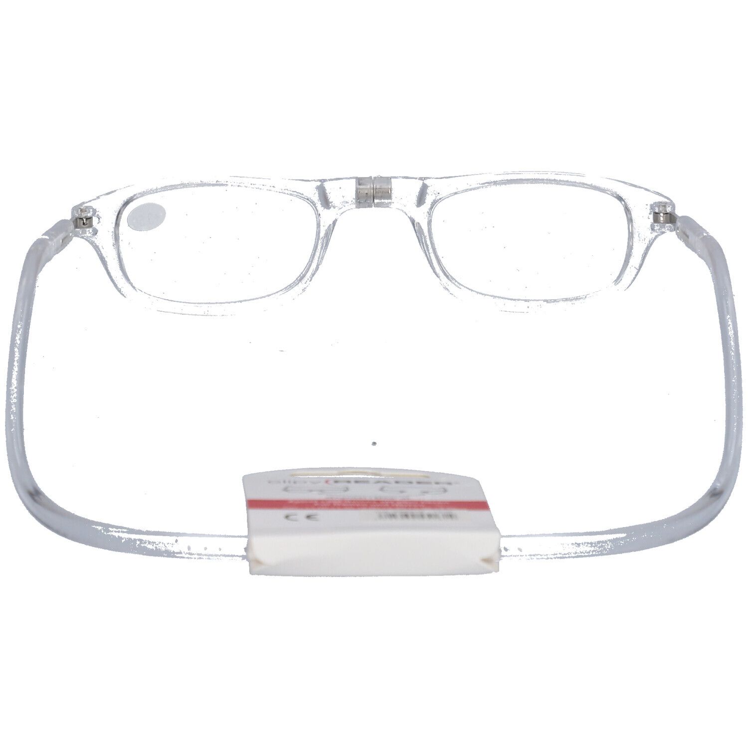 Lunettes transparentes avec +3,50 sur le verre gauche. Une étiquette est attachée.