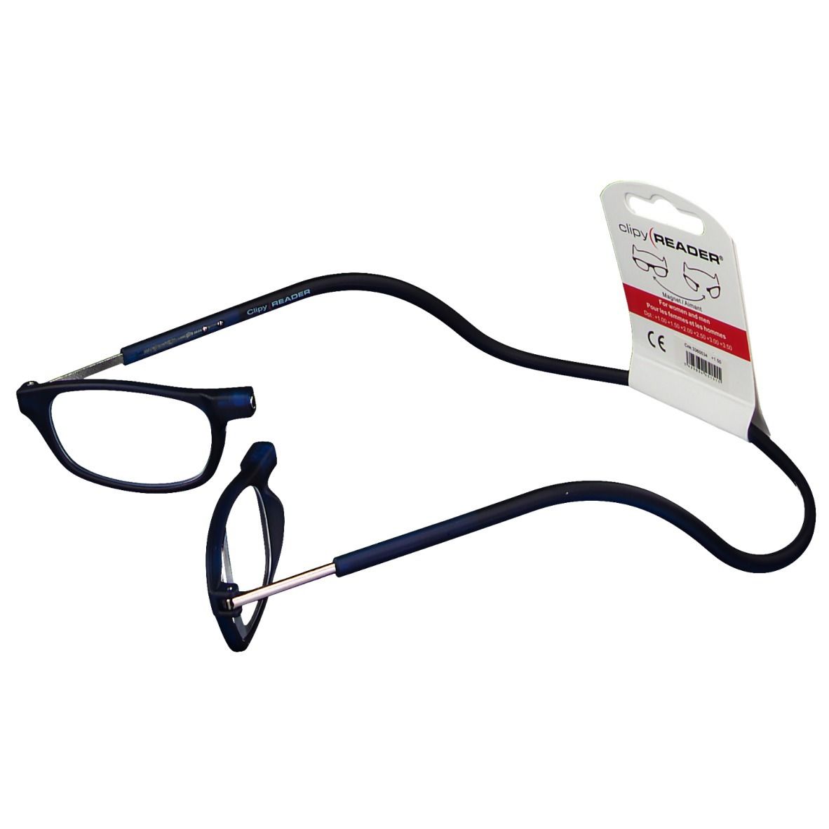 Lunettes de lecture bleues +1,50, design divisé, cordon de cou noir, emballage avec marquage CE.