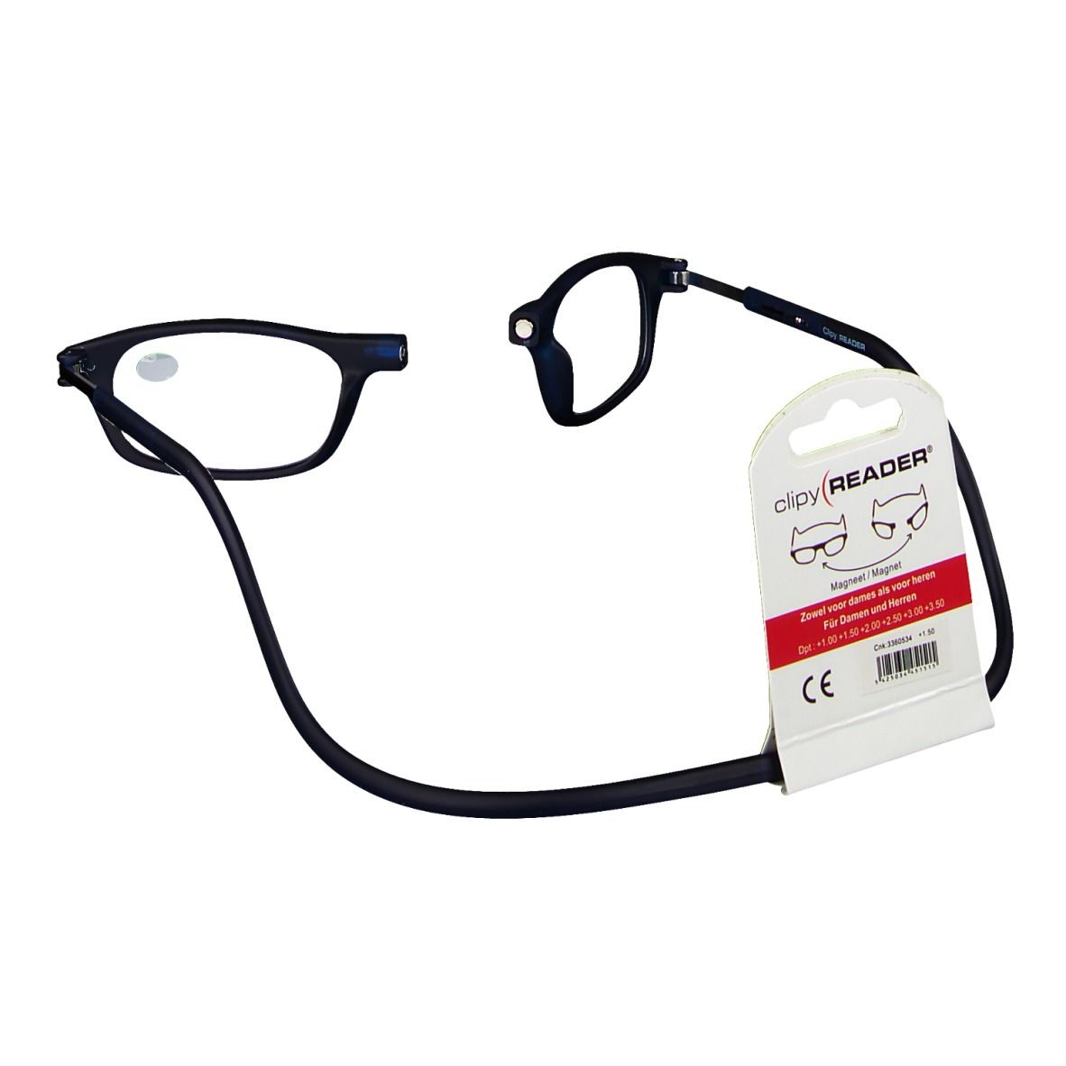 Lunettes de lecture noires +1,50, design divisé, cordon de cou noir, emballage avec marquage CE.