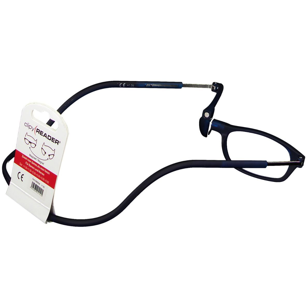 Lunettes de lecture bleues +1,50, design divisé, cordon de cou noir, emballage avec marquage CE.