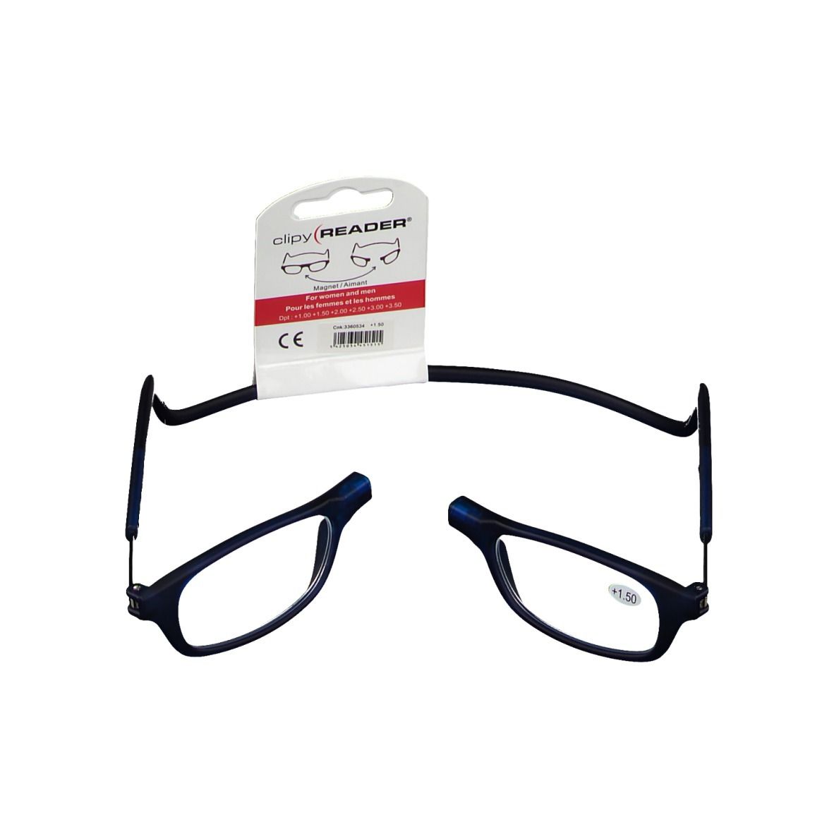 Lunettes de lecture bleues +1,50, design divisé, cordon de cou noir, emballage avec marquage CE.