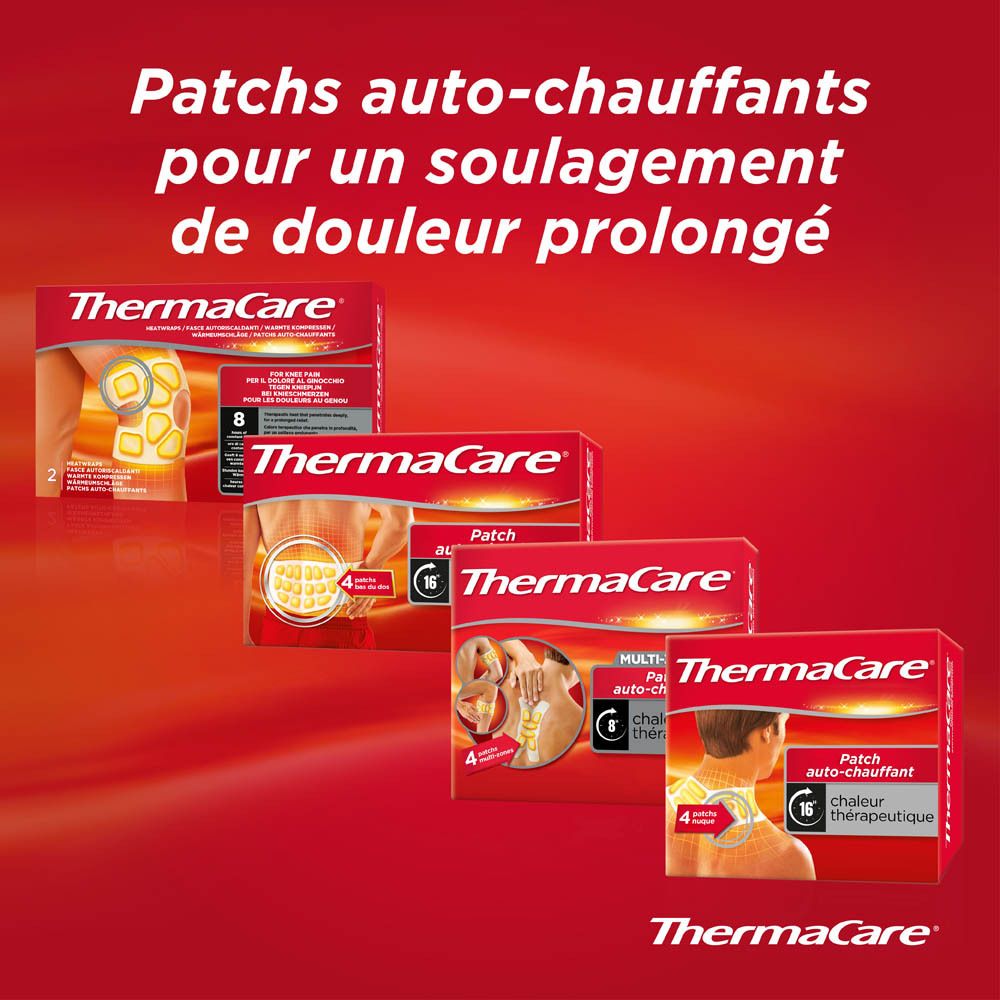 Images de produits. Texte: Patchs auto-chauffants pour un soulagement de douleur prolongé.