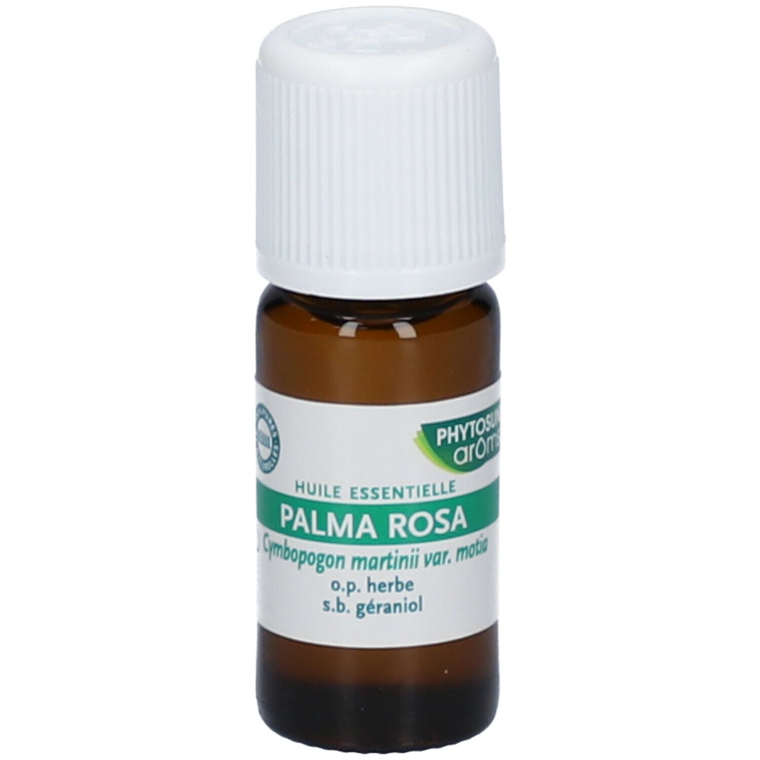 Flacon en verre brun avec bouchon blanc. Étiquette verte : Huile essentielle Palma Rosa. Certification.