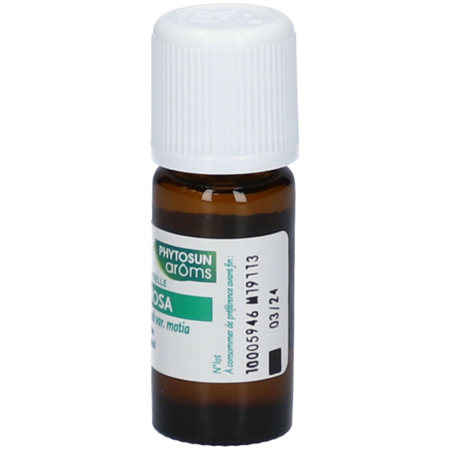 Flacon en verre brun avec bouchon blanc. Étiquette avec nom du produit Palma Rosa et date d'expiration 03/24. Marque Phytosun.