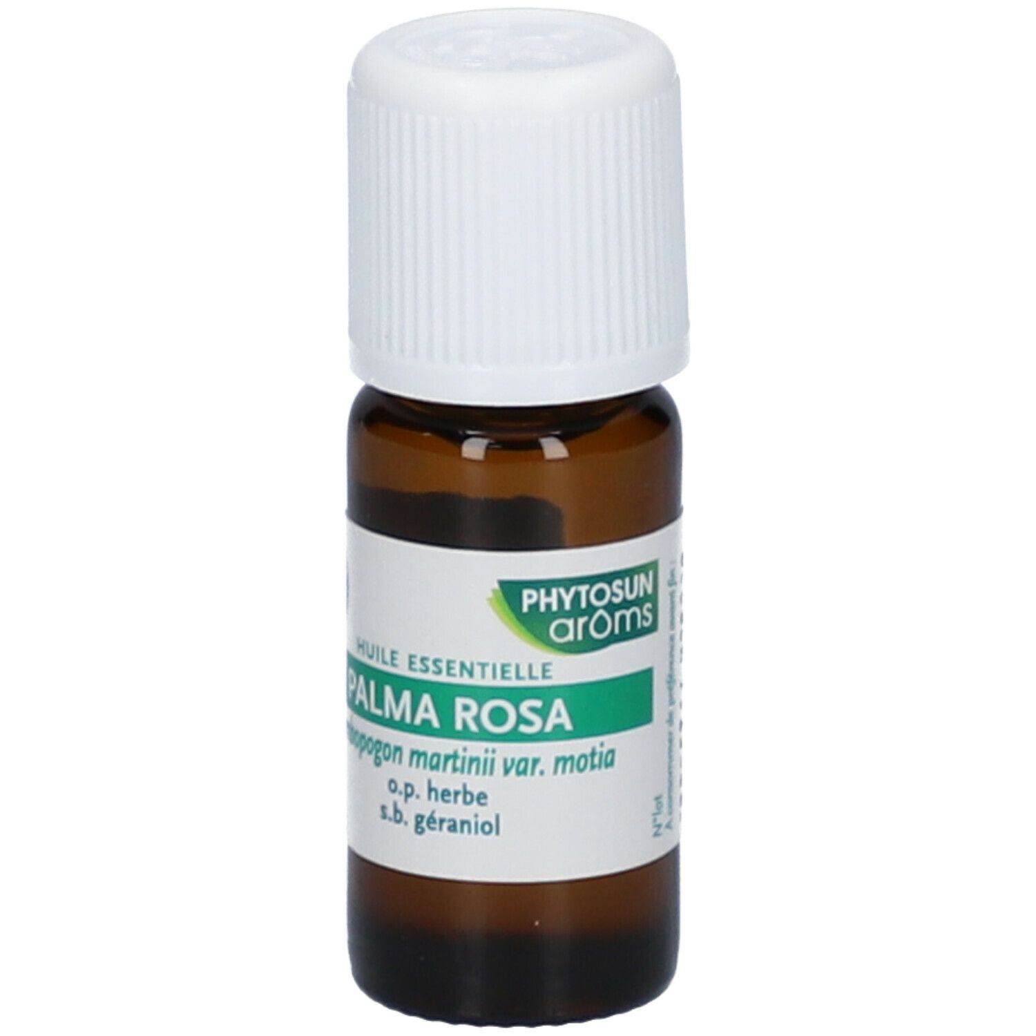 Flacon en verre brun avec bouchon blanc. Étiquette avec nom du produit Palma Rosa et marque Phytosun aroms. Texte : Huile essentielle.