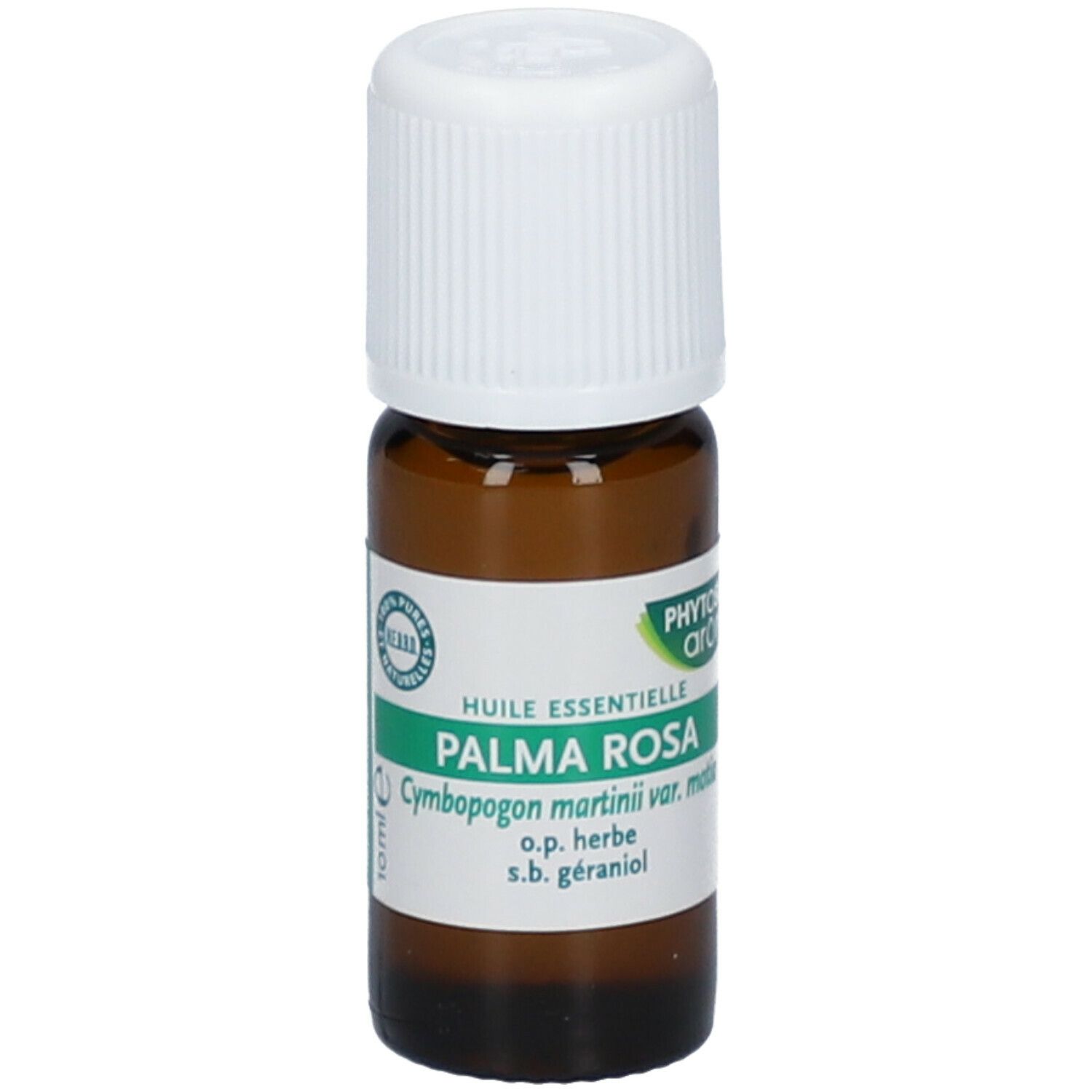Flacon en verre brun avec bouchon blanc. Étiquette avec nom du produit Palma Rosa et marque Phytosun aroms. Certification.