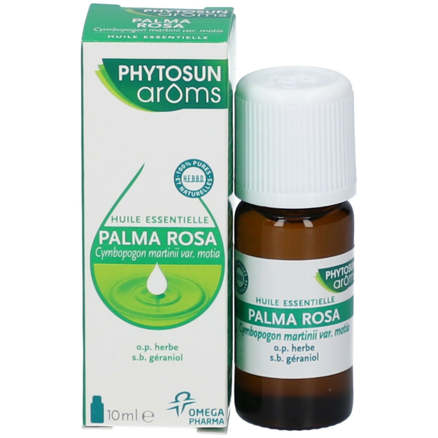 Flacon en verre brun et emballage. Emballage avec nom du produit Palma Rosa et marque Phytosun aroms. 10 ml.