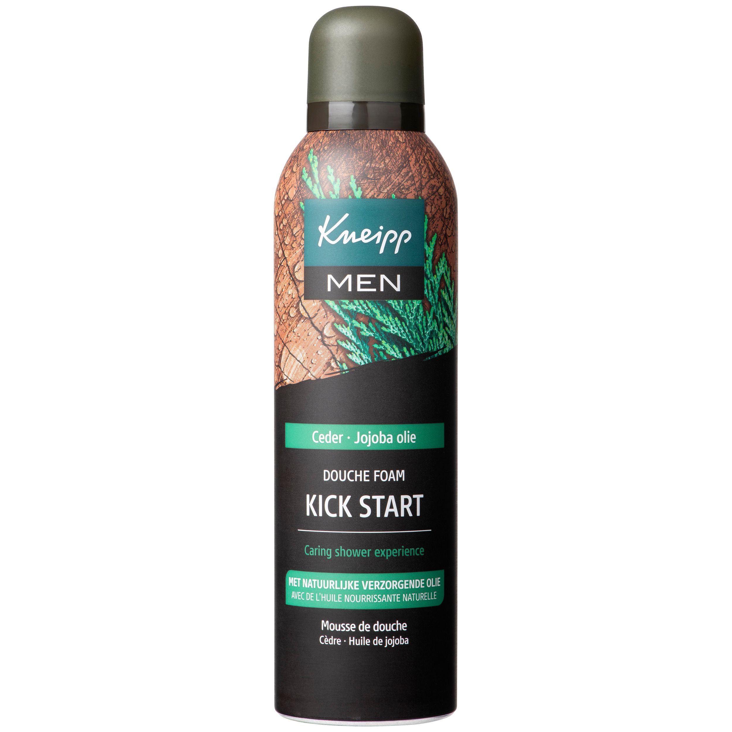 Mousse de douche Kneipp® Man. Bouteille avec bouchon marron. Texte: MEN, Mousse de douche, Cèdre-Huile de jojoba. Microplastic-free formula.