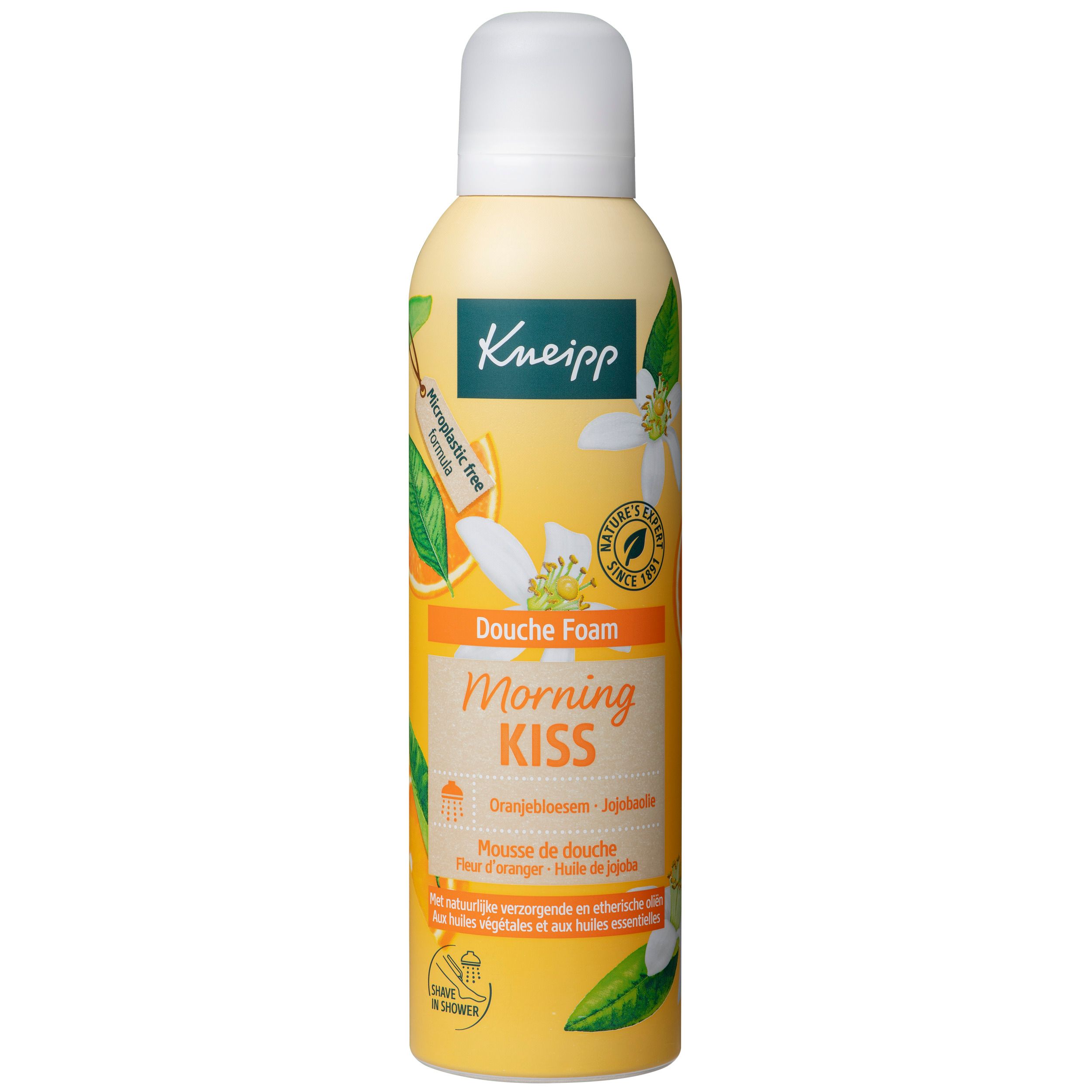 Kneipp Duschschaum Morning Kiss. Flacon avec bouchon blanc. Inscription: Morning Kiss, fleurs d'oranger. Design jaune.
