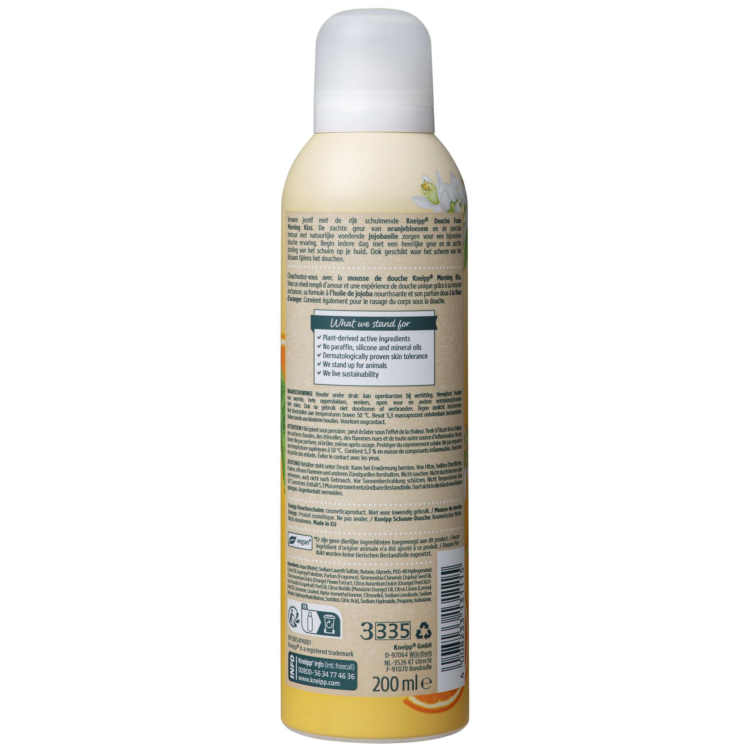 Kneipp Duschschaum Morning Kiss. Flacon, dos. Texte et logos. Design jaune. 200 ml.