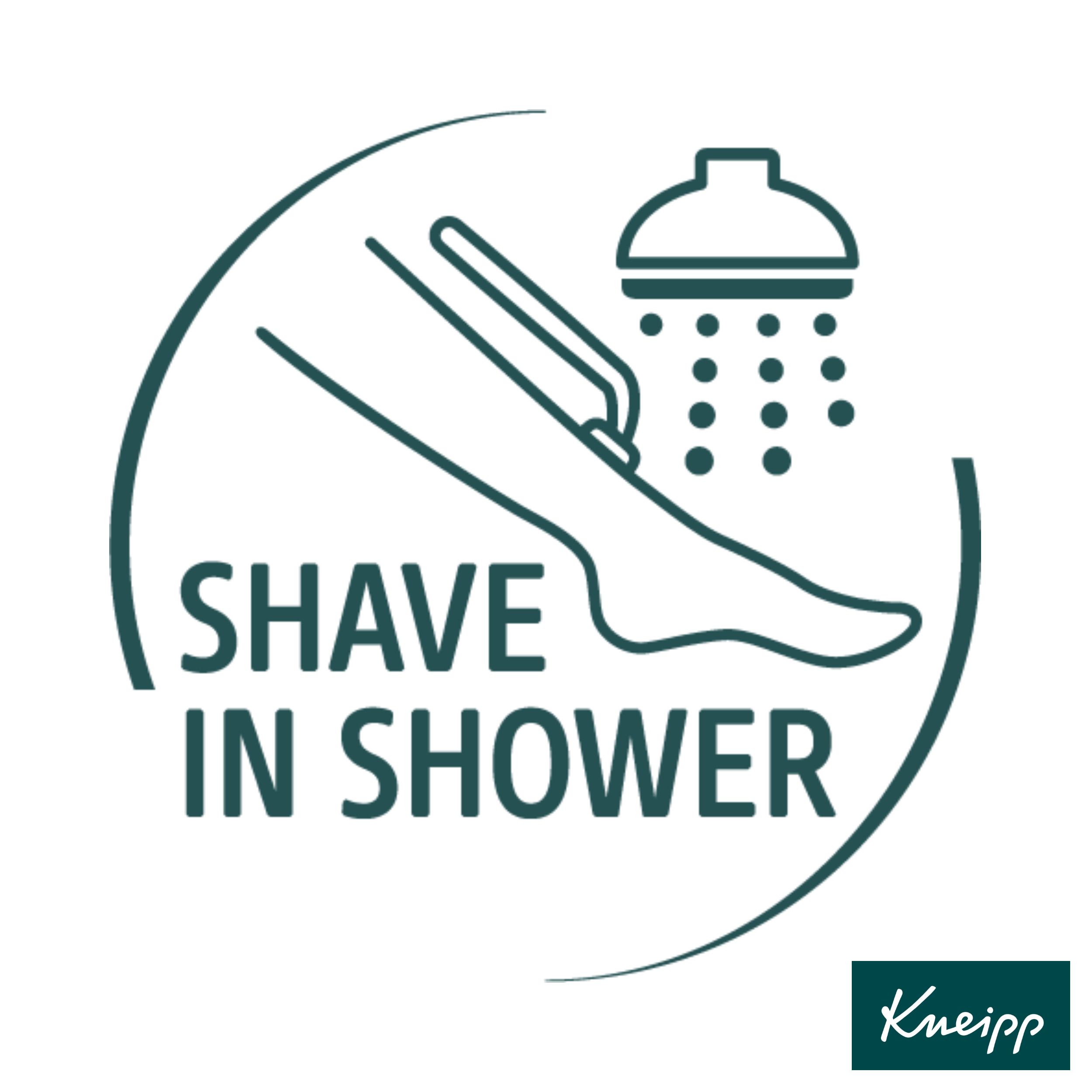 Logo circulaire: jambe, rasoir, douche. Texte: Shave in Shower. Logo Kneipp.